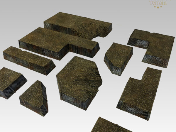 Detailed corrugated walls and mud-textured earthworks, hand-painted trench scenery.