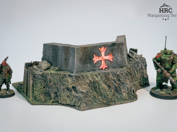 Detailed grimdark concrete bunker with red cross, hand-painted wargaming terrain for Trench Crusade and Warhammer 40k.