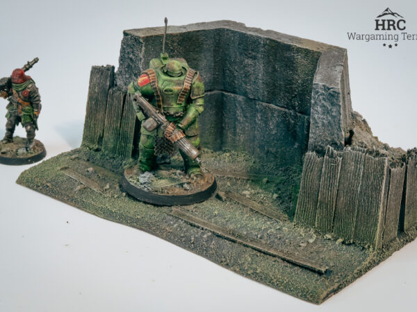 28mm scale miniatures in cover of a ruined concrete bastion, handcrafted HRC Wargaming Terrain for skirmish games.