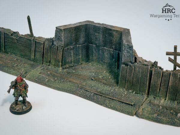 28mm scale miniatures in cover of a ruined concrete bastion, handcrafted HRC Wargaming Terrain for skirmish games.