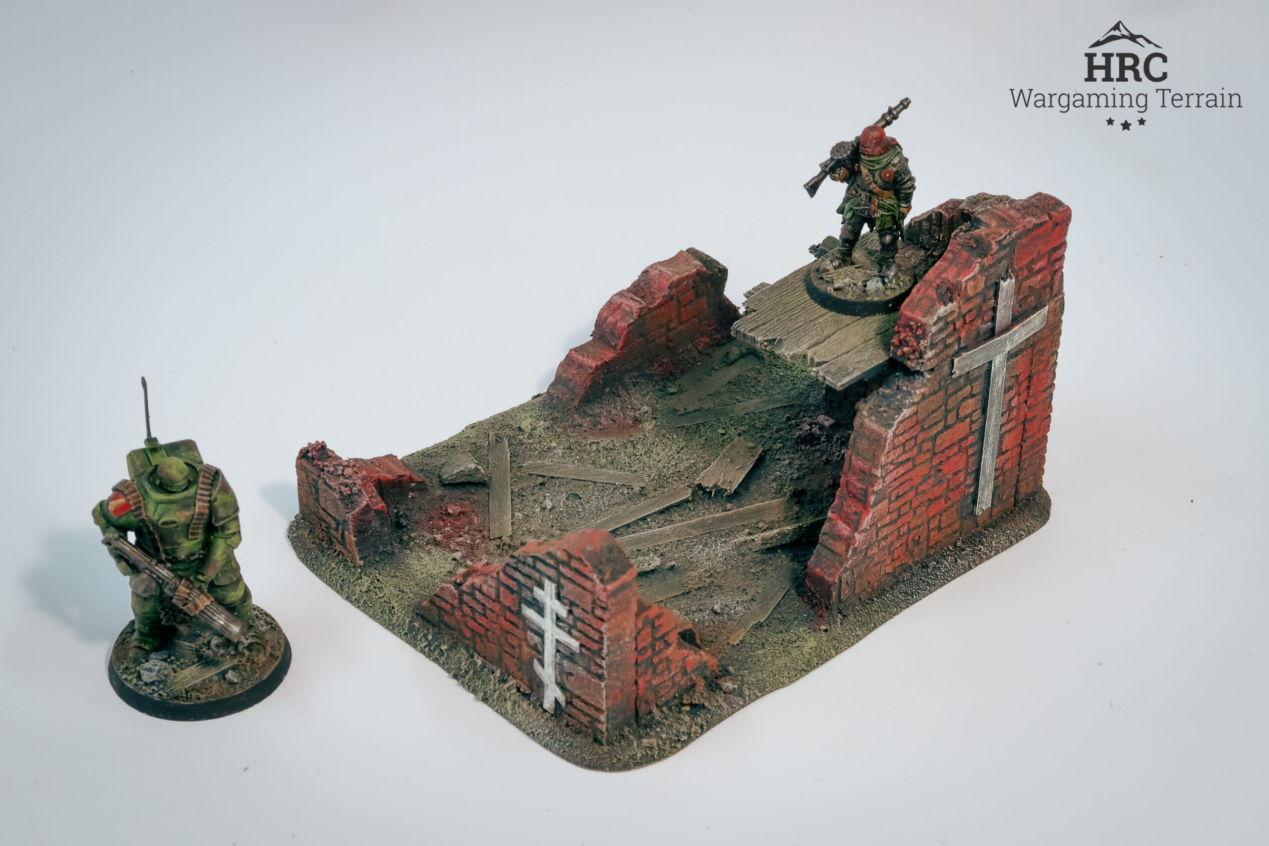 Durable ruined brick terrain on HDF base, ready-to-play scenery for Warhammer 40k and Trench Crusade.