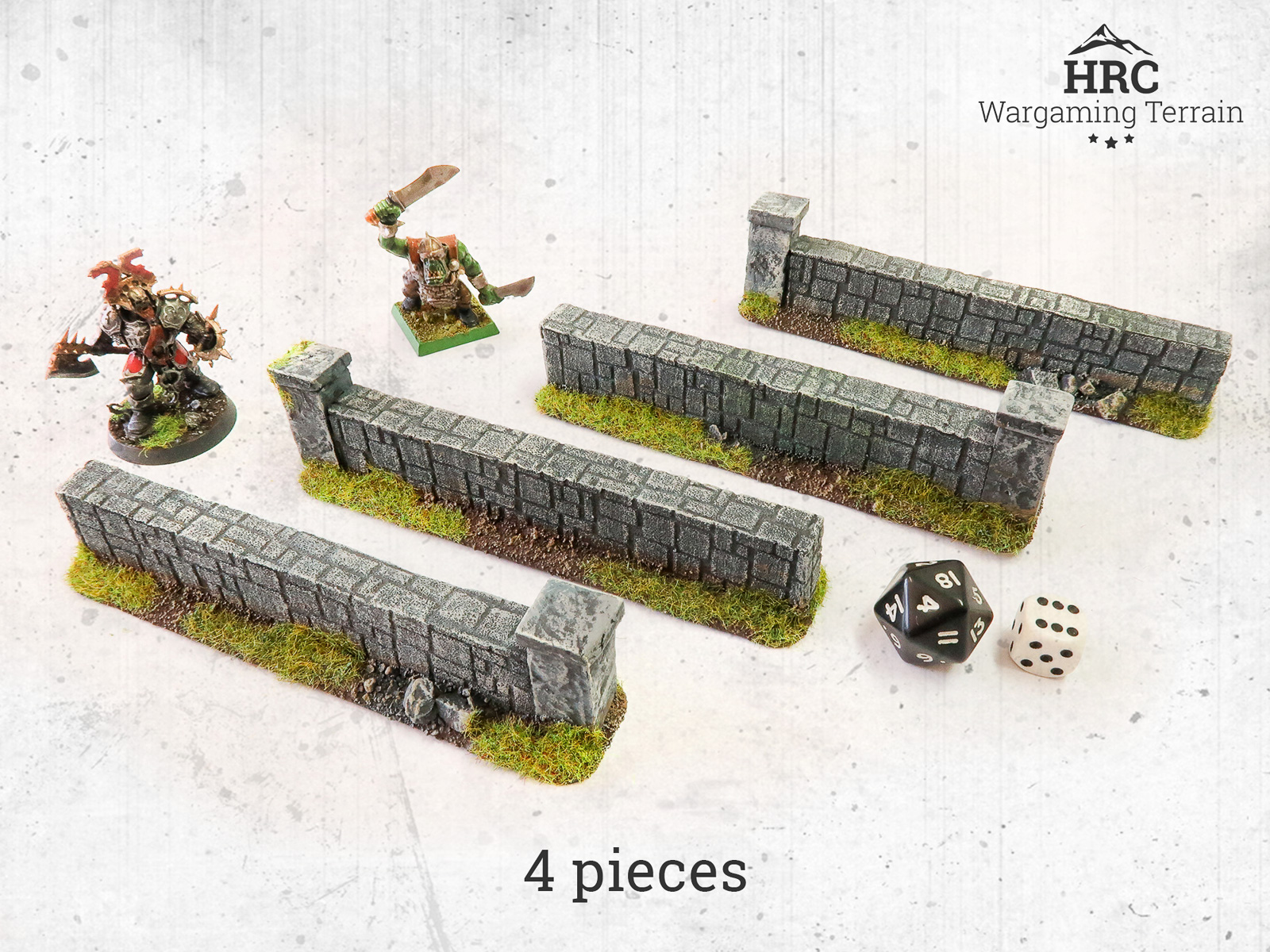 Hand-painted wargaming wooden fences and stone walls providing cover for miniatures